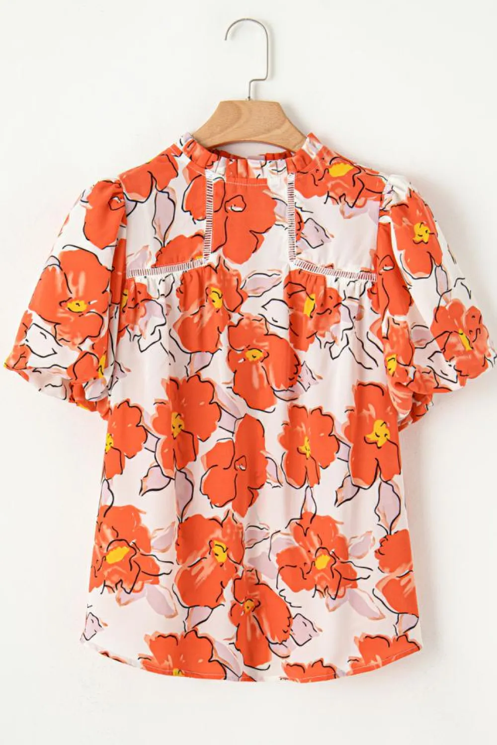 Outlet Dear-Lover Floral Bubble Sleeve Frill Neck Loose Blouse Orange