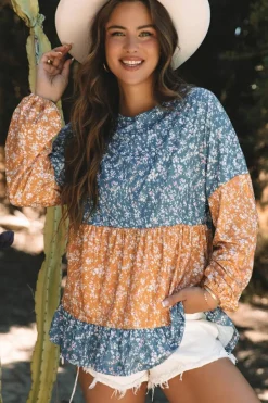 Discount Dear-Lover Floral Color Block Patchwork Ruffled Hem Round Neck Blouse Orange