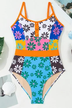 Clearance Dear-Lover Floral Colorblock Buttoned Décor Front Spaghetti Straps Teddy Swimsuit Orange