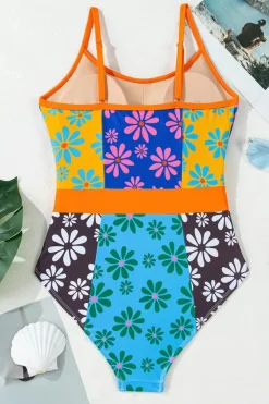 Clearance Dear-Lover Floral Colorblock Buttoned Décor Front Spaghetti Straps Teddy Swimsuit Orange