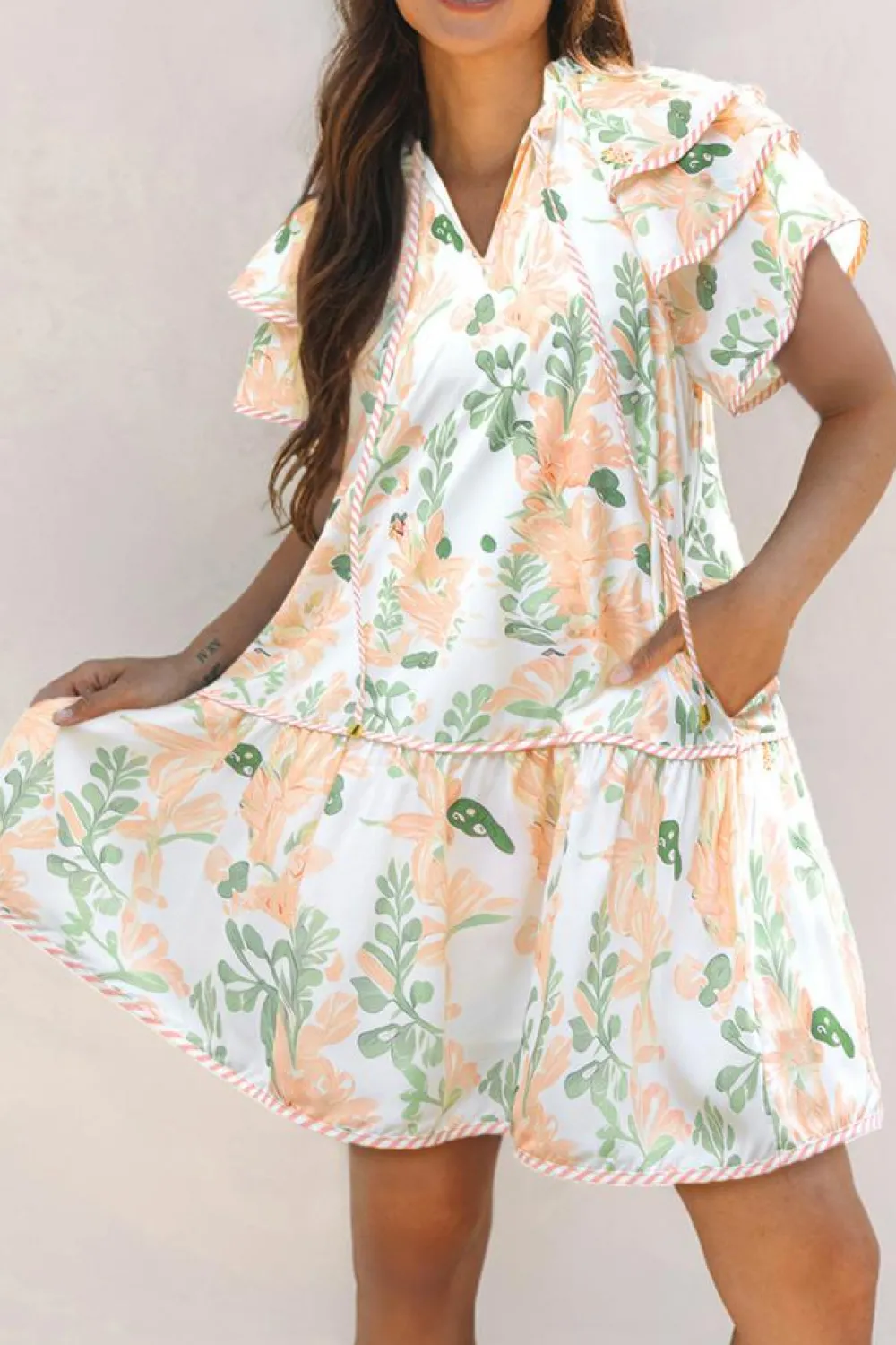 Outlet Dear-Lover Floral Contrast Edge Layered Short Sleeve Mini Dress Orange