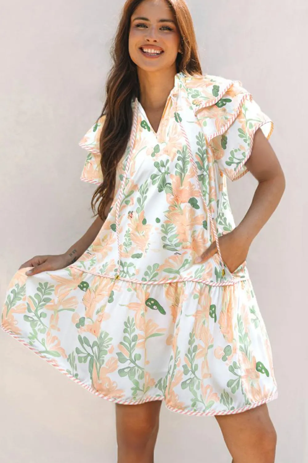Outlet Dear-Lover Floral Contrast Edge Layered Short Sleeve Mini Dress Orange