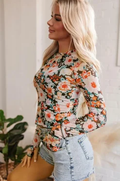 Best Dear-Lover Floral Mesh Slim Long Sleeve Crop Top Orange