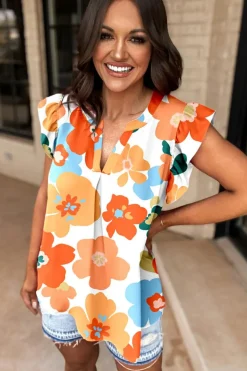 Fashion Dear-Lover Floral Notched V Neck Ruffled Sleeve Blouse Orange