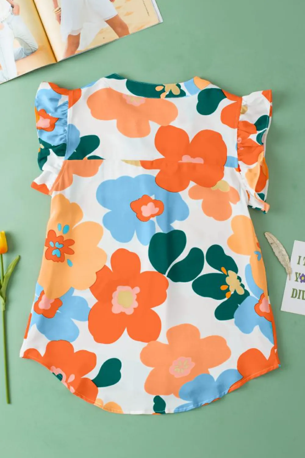 Fashion Dear-Lover Floral Notched V Neck Ruffled Sleeve Blouse Orange