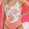 Best Dear-Lover Floral Patchwork Backless One Piece Swimsuit Orange