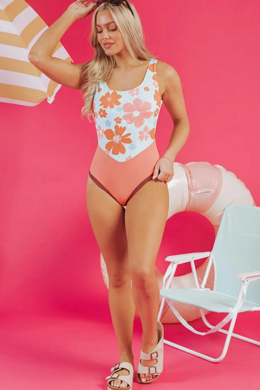 Best Dear-Lover Floral Patchwork Backless One Piece Swimsuit Orange