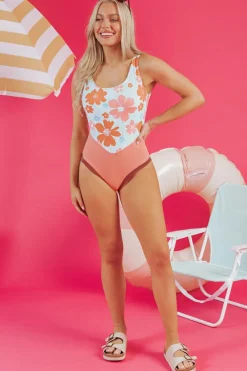 Best Dear-Lover Floral Patchwork Backless One Piece Swimsuit Orange