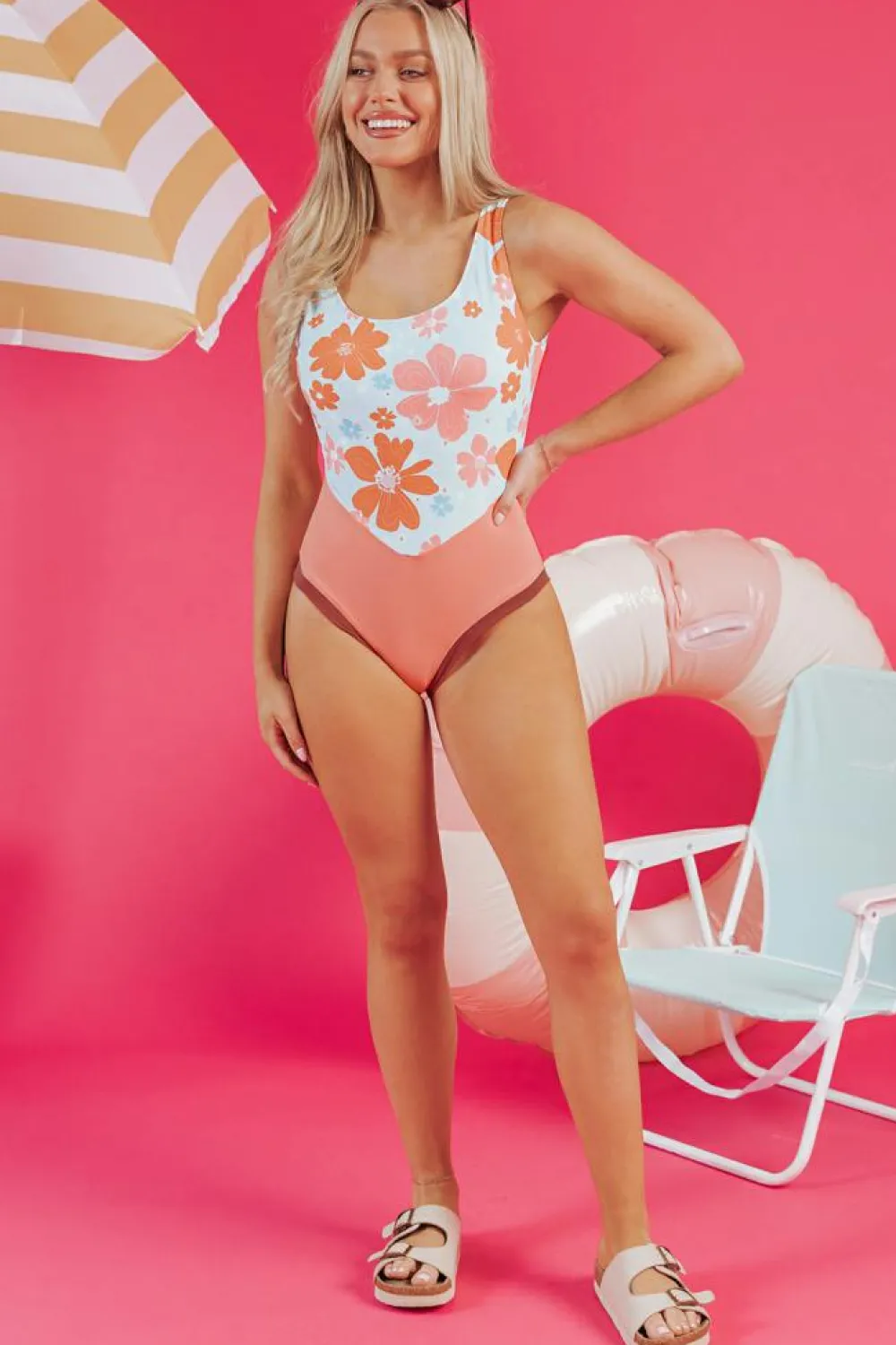 Best Dear-Lover Floral Patchwork Backless One Piece Swimsuit Orange
