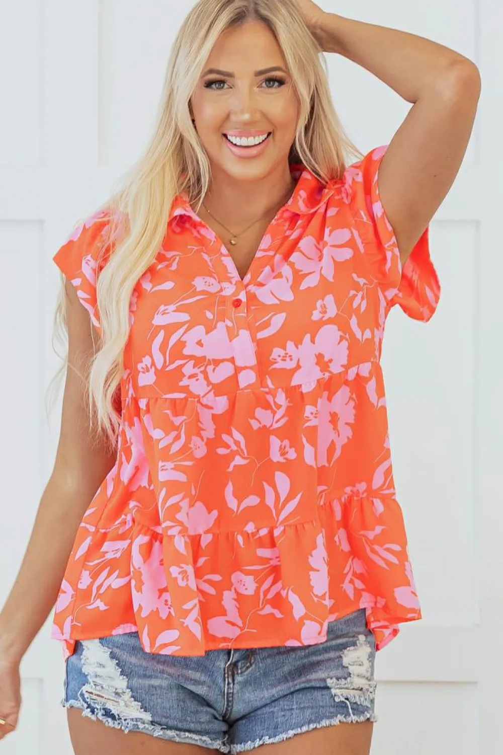 New Dear-Lover Floral Print Collared Button Neckline Flutter Sleeve Blouse Orange