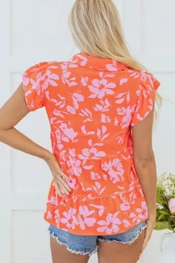 New Dear-Lover Floral Print Collared Button Neckline Flutter Sleeve Blouse Orange