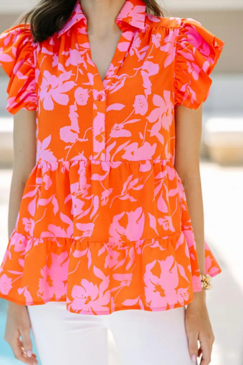 New Dear-Lover Floral Print Collared Button Neckline Flutter Sleeve Blouse Orange