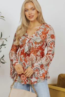 Online Dear-Lover Floral Print Deep V Neck Knot Bell Sleeve Blouse Orange