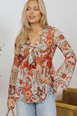 Online Dear-Lover Floral Print Deep V Neck Knot Bell Sleeve Blouse Orange