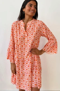 New Dear-Lover Floral Print Flounce Sleeve Buttoned Front Mini Dress Orange