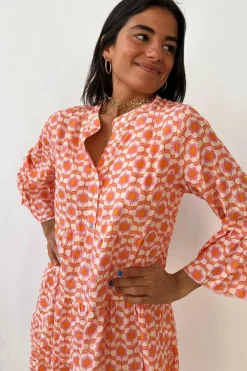 New Dear-Lover Floral Print Flounce Sleeve Buttoned Front Mini Dress Orange