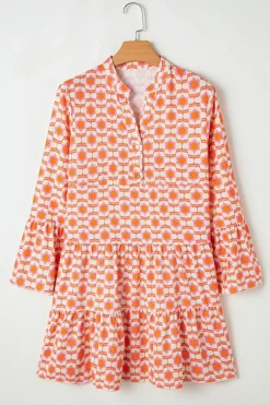 New Dear-Lover Floral Print Flounce Sleeve Buttoned Front Mini Dress Orange
