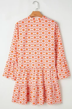 New Dear-Lover Floral Print Flounce Sleeve Buttoned Front Mini Dress Orange