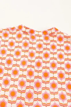 New Dear-Lover Floral Print Flounce Sleeve Buttoned Front Mini Dress Orange