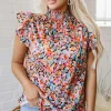 Fashion Dear-Lover Floral Print Flutter Sleeve Blouse Top Orange