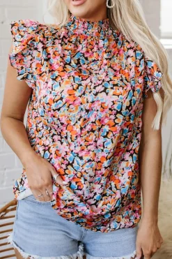 Fashion Dear-Lover Floral Print Flutter Sleeve Blouse Top Orange