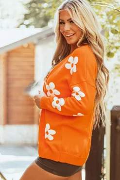 New Dear-Lover Floral Print Knitted Open Front Loose Cardigan Orange