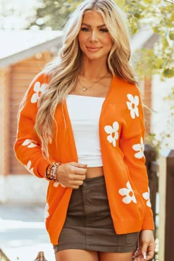 New Dear-Lover Floral Print Knitted Open Front Loose Cardigan Orange