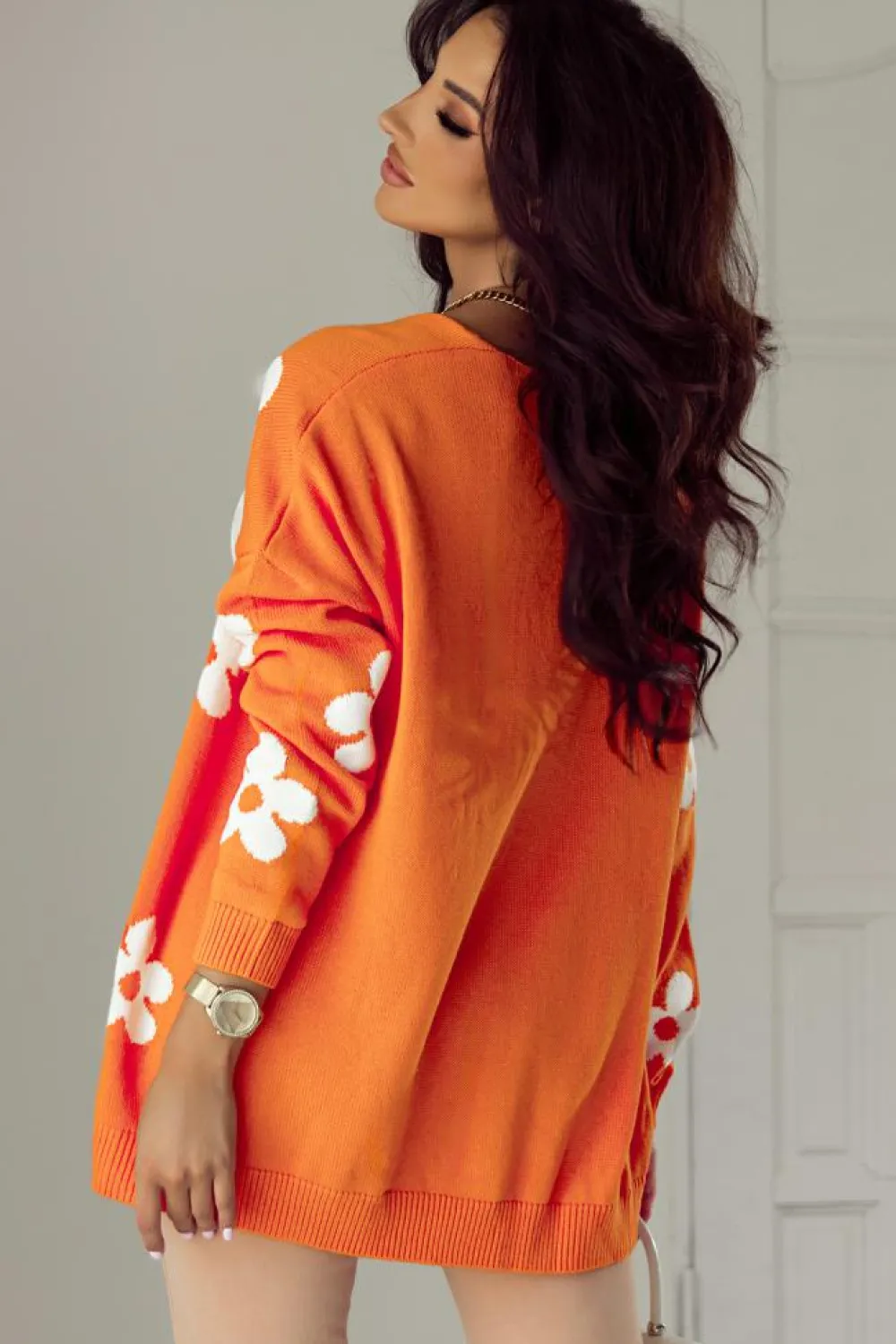 New Dear-Lover Floral Print Knitted Open Front Loose Cardigan Orange