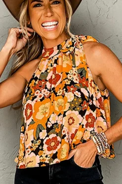 Discount Dear-Lover Floral Print Knotted Halter Neck Sleeveless Top Orange