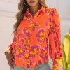 Clearance Dear-Lover Orange Floral Print Lantern Sleeve Shirt Orange-3