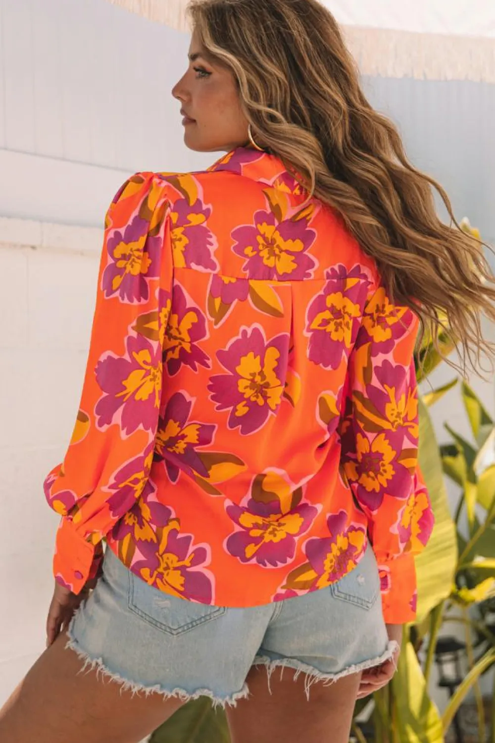Clearance Dear-Lover Orange Floral Print Lantern Sleeve Shirt Orange-3