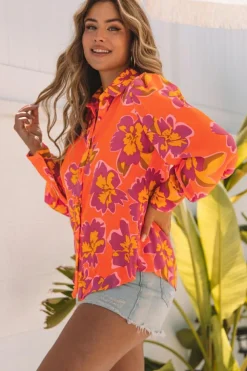 Clearance Dear-Lover Orange Floral Print Lantern Sleeve Shirt Orange-3