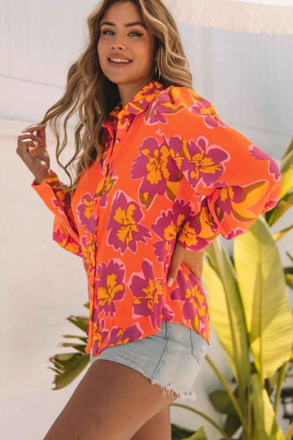 Clearance Dear-Lover Orange Floral Print Lantern Sleeve Shirt Orange-3