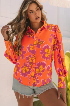 Clearance Dear-Lover Orange Floral Print Lantern Sleeve Shirt Orange-3