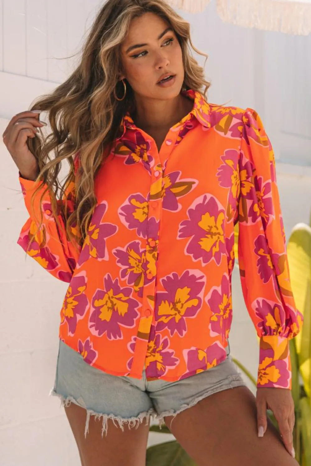 Clearance Dear-Lover Orange Floral Print Lantern Sleeve Shirt Orange-3