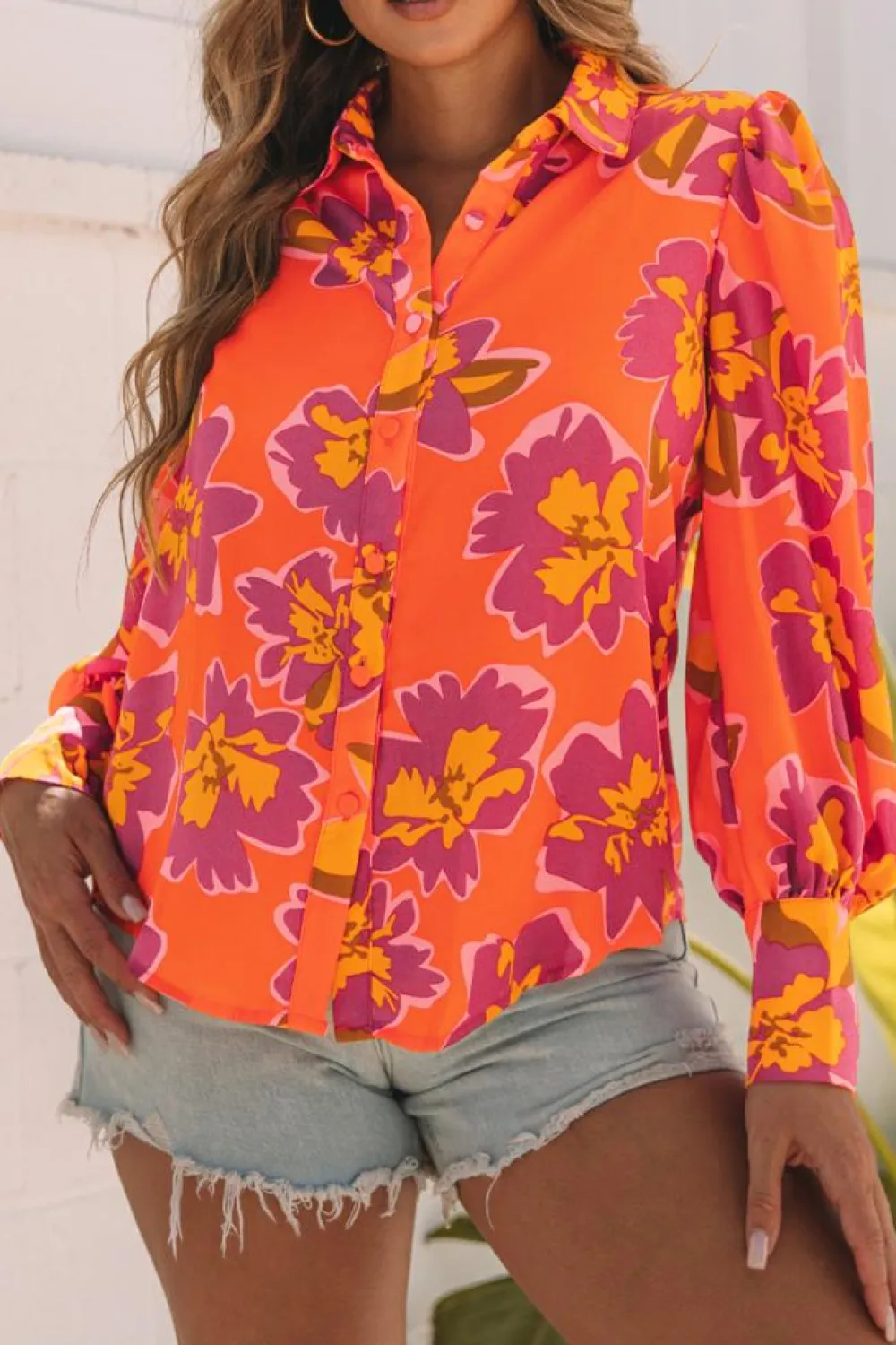 Clearance Dear-Lover Orange Floral Print Lantern Sleeve Shirt Orange-3