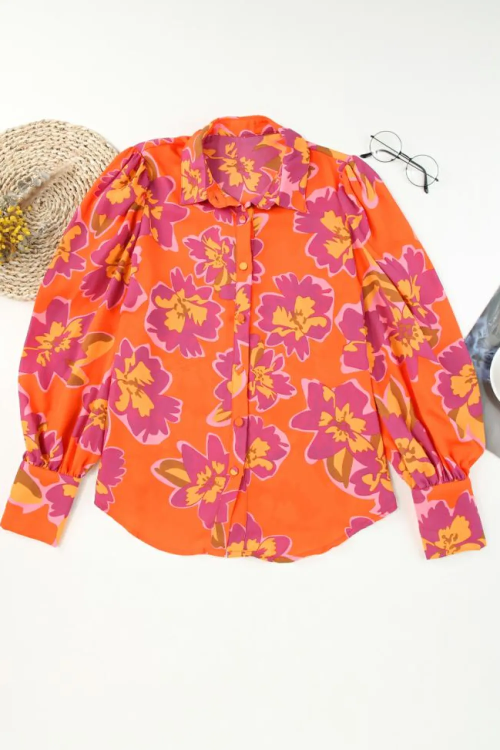 Clearance Dear-Lover Orange Floral Print Lantern Sleeve Shirt Orange-3