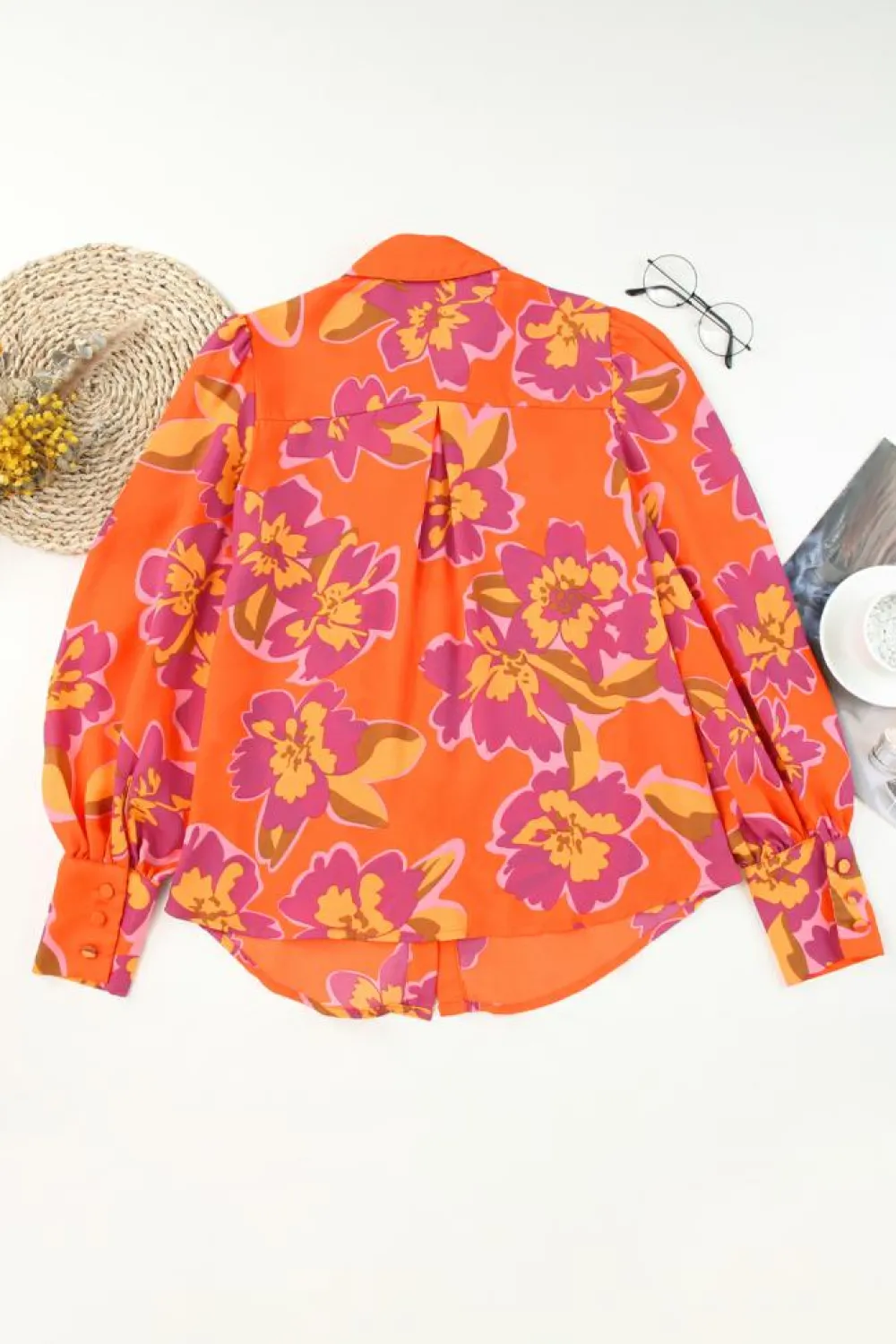 Clearance Dear-Lover Orange Floral Print Lantern Sleeve Shirt Orange-3