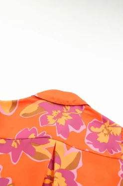 Clearance Dear-Lover Orange Floral Print Lantern Sleeve Shirt Orange-3