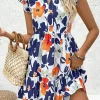 Fashion Dear-Lover Floral Print Notched Neck Flutter Sleeve Mini Dress Orange