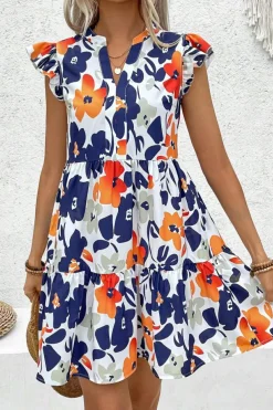 Fashion Dear-Lover Floral Print Notched Neck Flutter Sleeve Mini Dress Orange