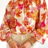 Discount Dear-Lover Floral Print Pearl Button Keyhole Long Puff Sleeve Blouse Orange