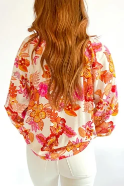 Discount Dear-Lover Floral Print Pearl Button Keyhole Long Puff Sleeve Blouse Orange