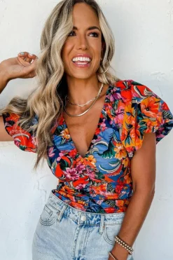 Best Dear-Lover Floral Print Puff Sleeve Ruched V Neck Blouse Orange