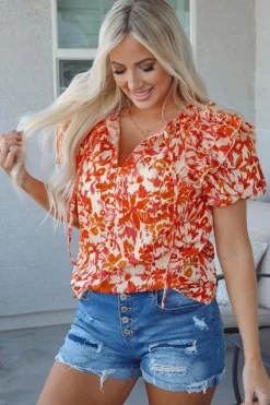 Online Dear-Lover Floral Print Ruffled Short Puff Sleeve Split Neck Blouse Orange