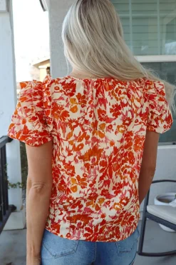 Online Dear-Lover Floral Print Ruffled Short Puff Sleeve Split Neck Blouse Orange