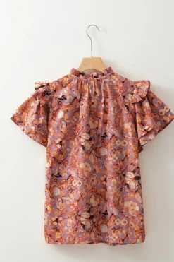 Clearance Dear-Lover Floral Print Ruffled Flutter Sleeve Frilled V Neck Blouse Orange
