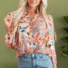 Hot Dear-Lover Floral Print Shirred Cuff Buttoned Loose Shirt Orange