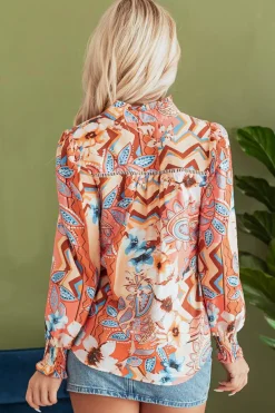 Hot Dear-Lover Floral Print Shirred Cuff Buttoned Loose Shirt Orange