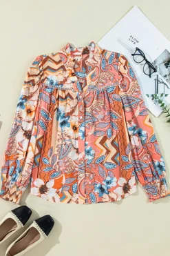 Hot Dear-Lover Floral Print Shirred Cuff Buttoned Loose Shirt Orange